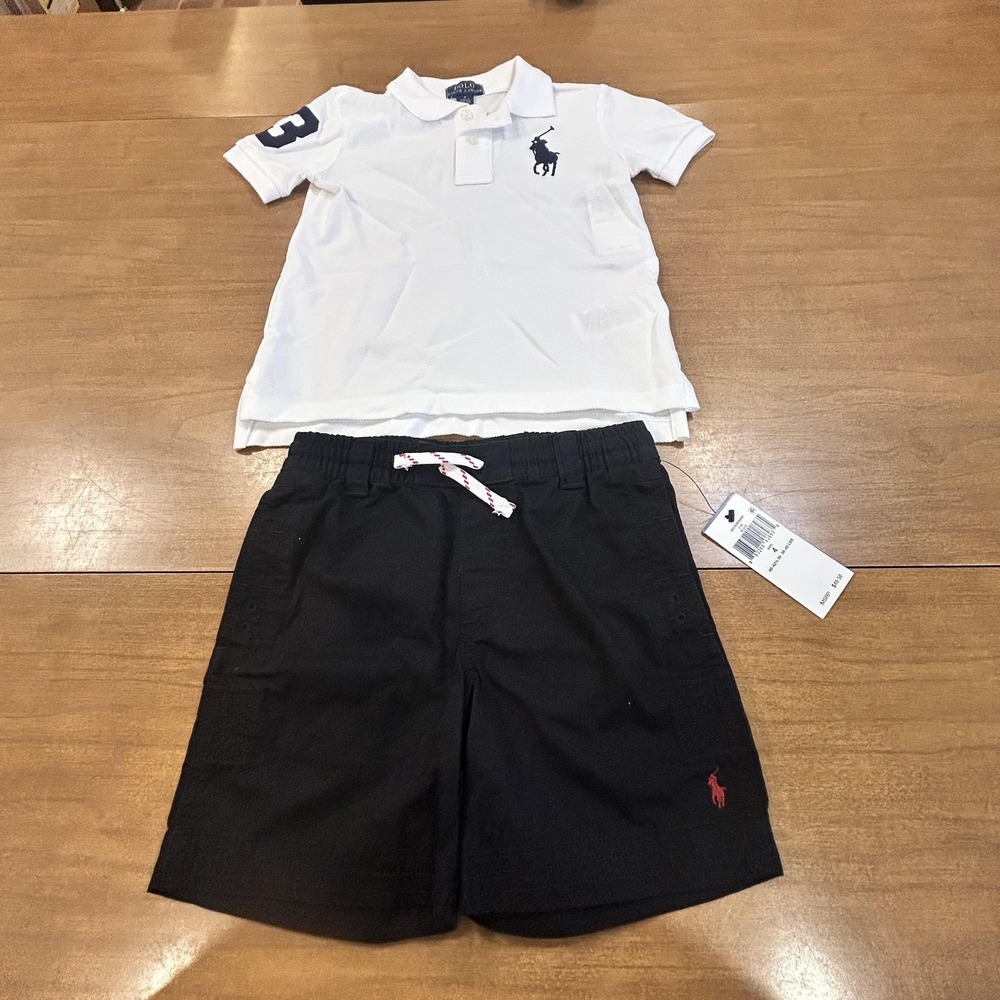 Polo Ralph Lauren Outfit Set Boys 4 White Polo Navy Shirt Black Shorts 2 Piece